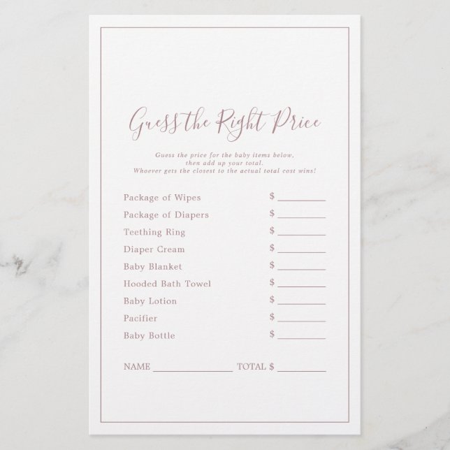 Minimalist Rose Gold Guess the Right Price Game (Front)