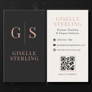 Minimalist Rose Gold Monogram Black QR Code Business Card