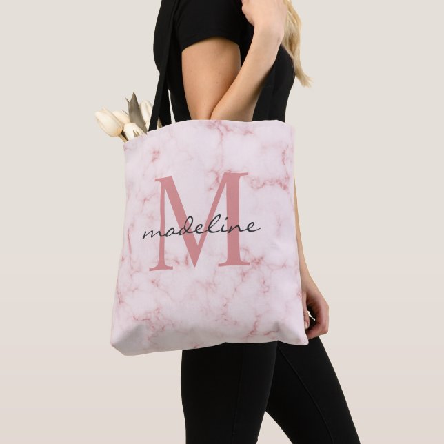 Minimalist Rose Gold Pink Marble Monogram Tote Bag (Close Up)