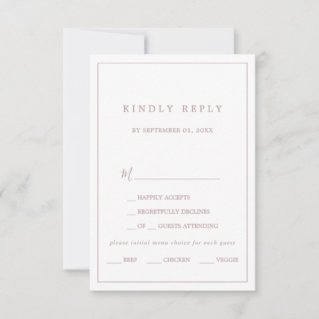 Minimalist Rose Gold Typography Menu Choice RSVP (Front)