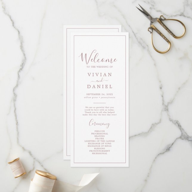 Minimalist Rose Gold Wedding Program Programme (Front/Back In Situ)