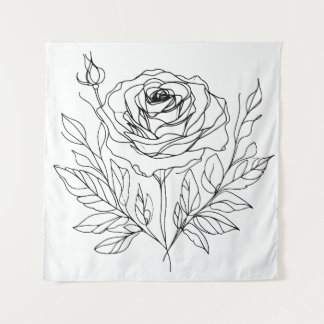 minimalist rose one line art drawing in black tapestry