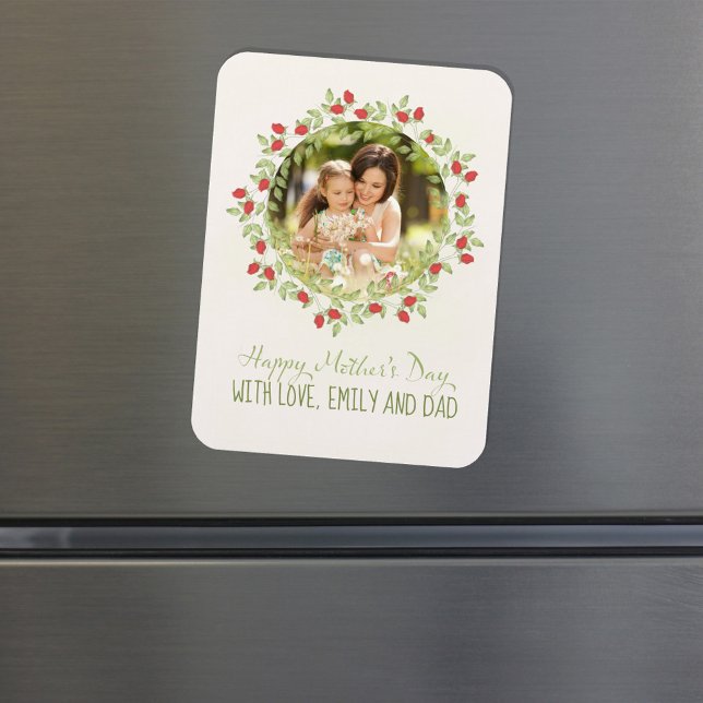 Minimalist Rose Wreath Mother’s Day Photo Magnet (Personalized photo magnet with rose floral wreath and personalized.)