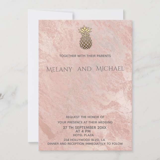 Minimalist rosegold marble gold pineaapple invitation (Front)
