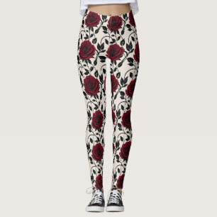 Minimalist Roses In Black And Deep Red On A Cream Leggings