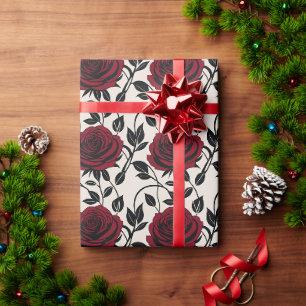 Minimalist Roses In Black And Deep Red On A Cream  Wrapping Paper
