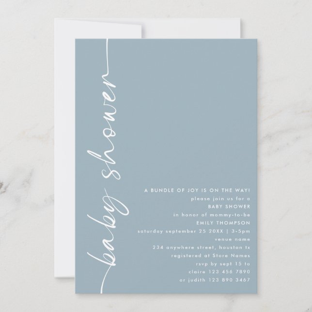 Minimalist Rotated Text Dusty Blue Baby Shower Invitation (Front)