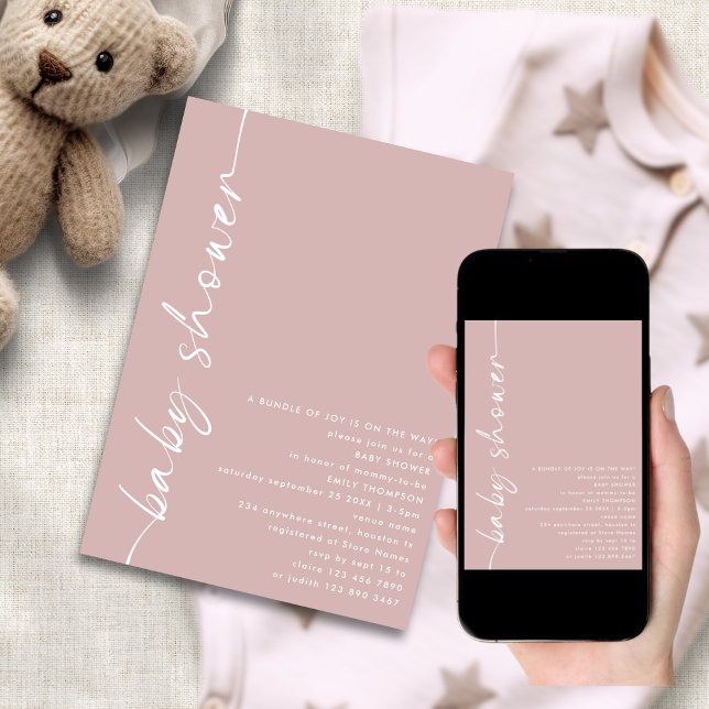 Minimalist Rotated Text Dusty Rose Baby Shower Invitation (Available digitally and printed)