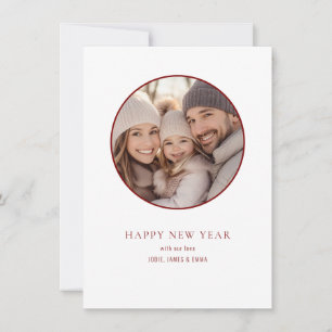 Minimalist Round Photo Name Happy New Year Holiday Card