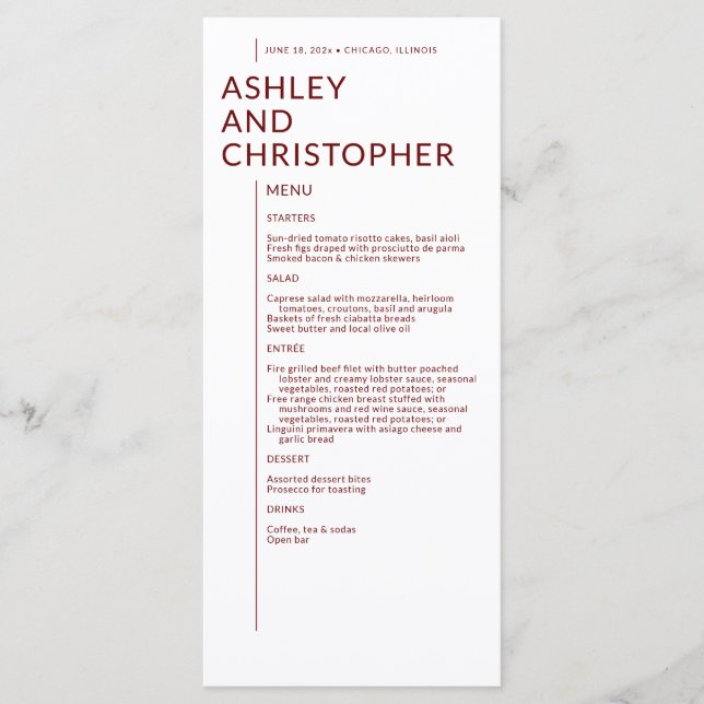 Minimalist Ruby Red Isolated Names Wedding Menu (Front)
