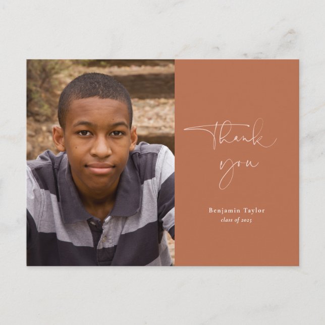 Minimalist Rust Graduation Thank You with Photo Postcard (Front)