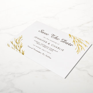 Minimalist Rustic Gold Leaves White Save The Date