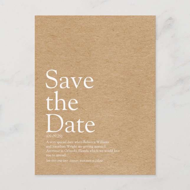 Minimalist Rustic Kraft Save the Date Definition Announcement Postcard (Front)