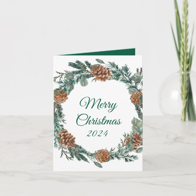 Minimalist rustic pine wreath botanic  holiday card (Front)