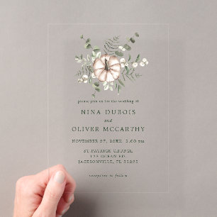Minimalist Rustic Pumpkin and Green Leaves Wedding Acrylic Invitations