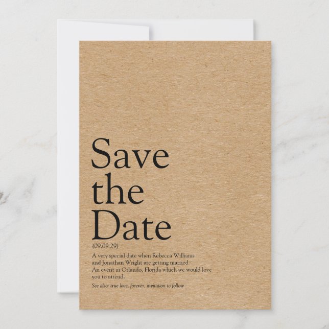 Minimalist Rustic Save the Date Definition Invitation (Front)