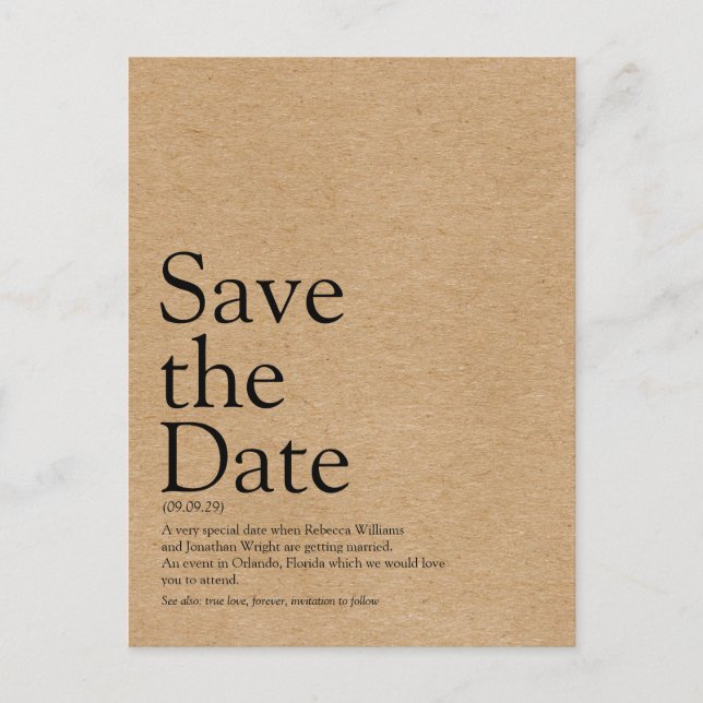 Minimalist Rustic Save the Date Definition Postcard (Front)