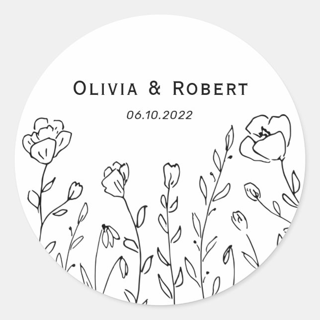 Minimalist Rustic Wildflower Wedding Classic Round Sticker (Front)
