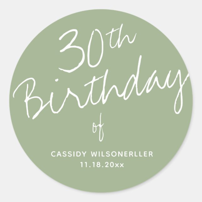 Minimalist Sage 30th Birthday Classic Round Sticker (Front)