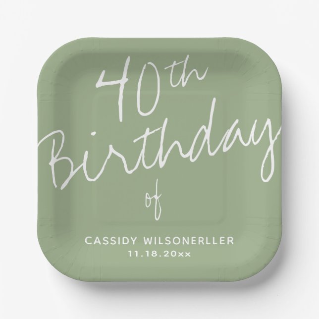 Minimalist Sage 40th Birthday Paper Plate (Front)