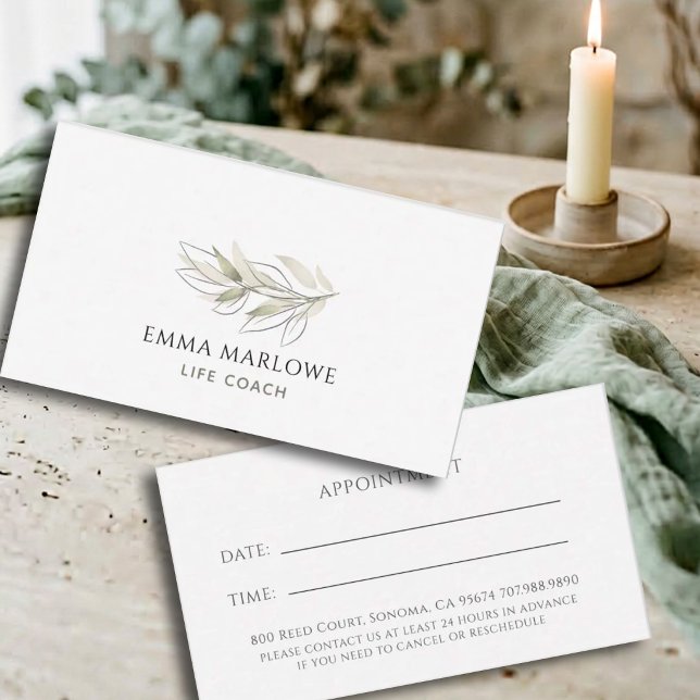 Minimalist Sage Botanical Life Coach Appointment Business Card (Creator Uploaded)
