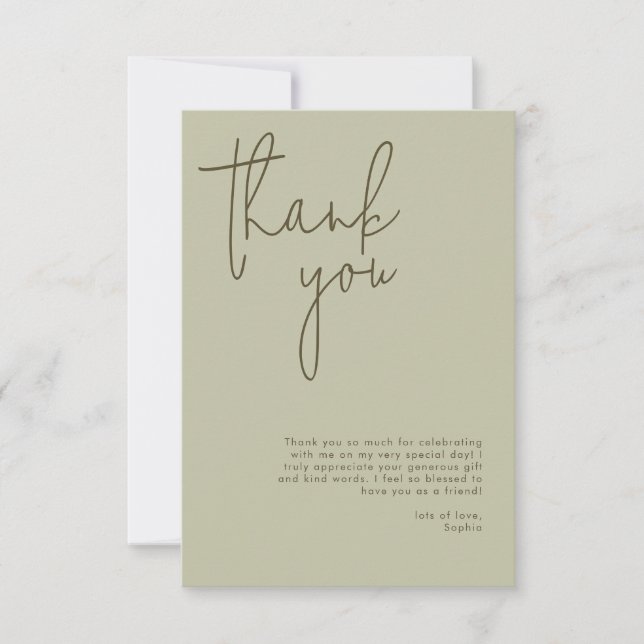 Minimalist Sage Bridal Shower Thank You Card (Front)
