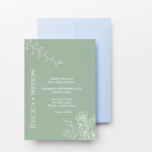 Minimalist sage green and emerald floral wedding invitation