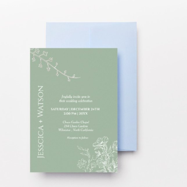 Minimalist sage green and emerald  floral wedding  invitation (Creator Uploaded)