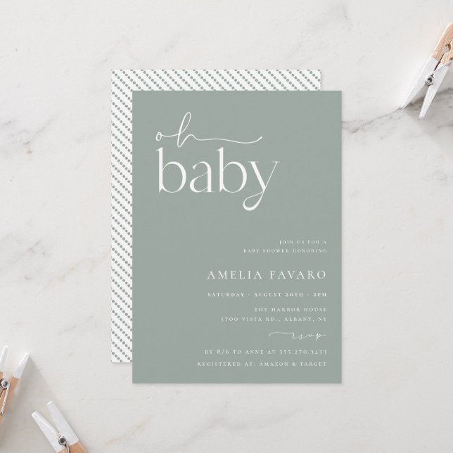 Minimalist Sage Green Baby Shower Invitation (Front/Back In Situ)