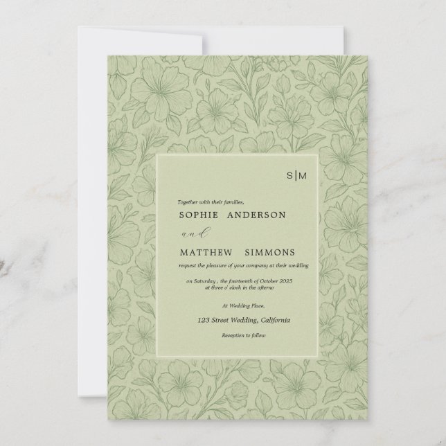 Minimalist sage green bohemian floral invitation (Front)