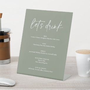 Minimalist Sage Green Boho Wedding Drink Bar Menu Pedestal Sign