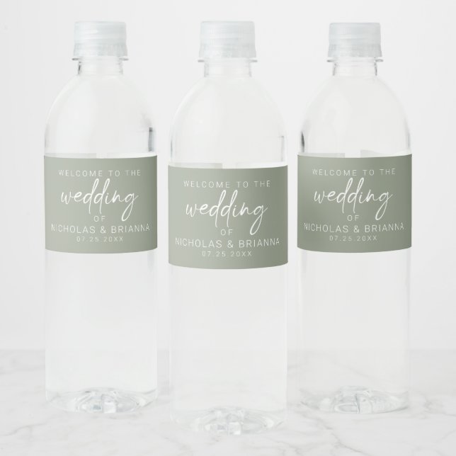 Minimalist Sage Green Boho Wedding Elegant Water Bottle Label (Bottles)