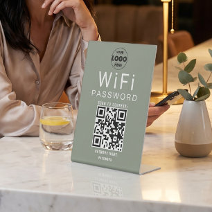 Minimalist Sage Green Business WiFi QR Code Logo Pedestal Sign