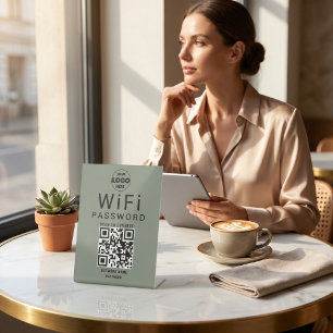 Minimalist Sage Green Business WiFi QR Code Logo  Pedestal Sign
