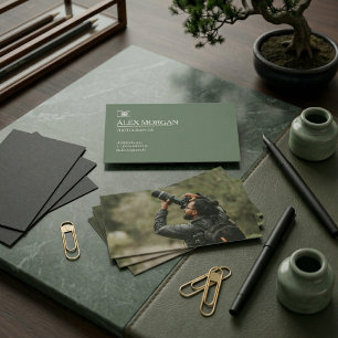 Minimalist Sage Green Camera Logo Photographer Business Card