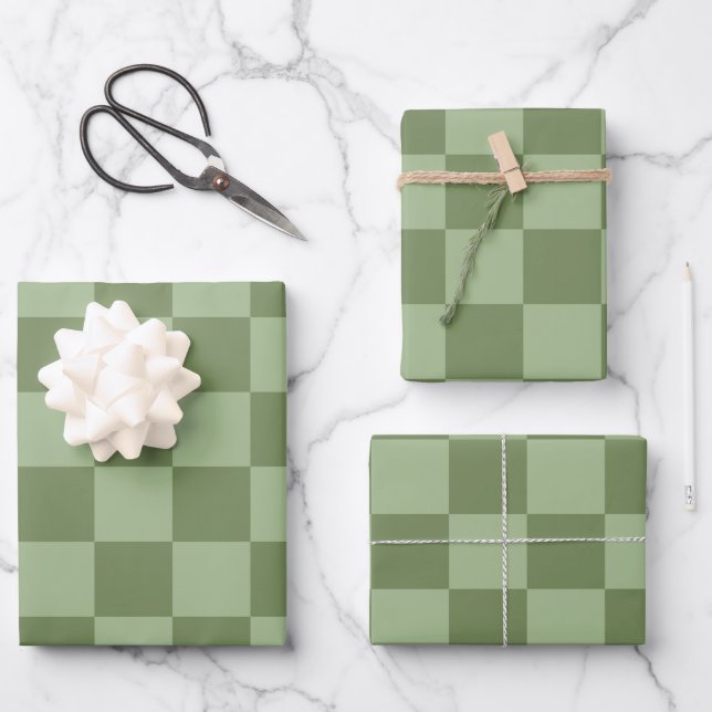 Minimalist Sage Green Checkerboard Pattern Wrapping Paper Sheet (Front)