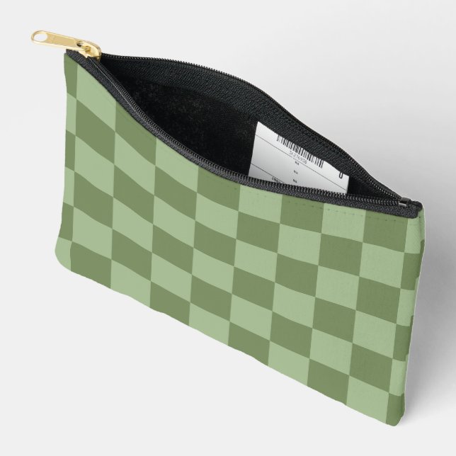 Minimalist Sage Green Chequerboard Pattern Accessory Pouch (Open)