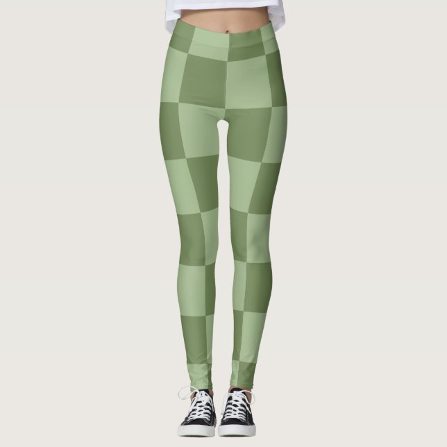 Minimalist Sage Green Chequerboard Pattern Leggings (Front)