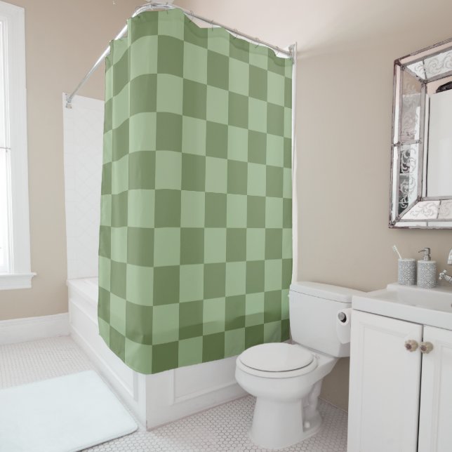 Minimalist Sage Green Chequerboard Pattern Shower Curtain (In Situ)
