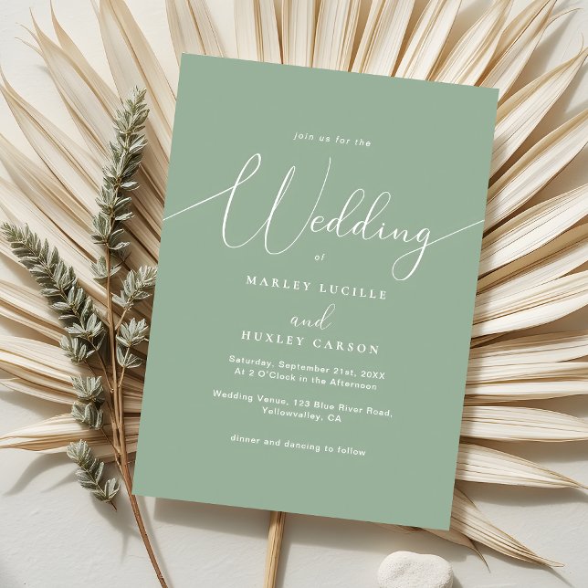 Minimalist Sage Green Elegant Script Wedding Invitation (Creator Uploaded)