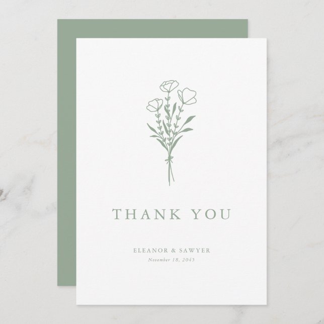 Minimalist Sage Green Floral Bouquet Wedding Thank You Card (Front/Back)