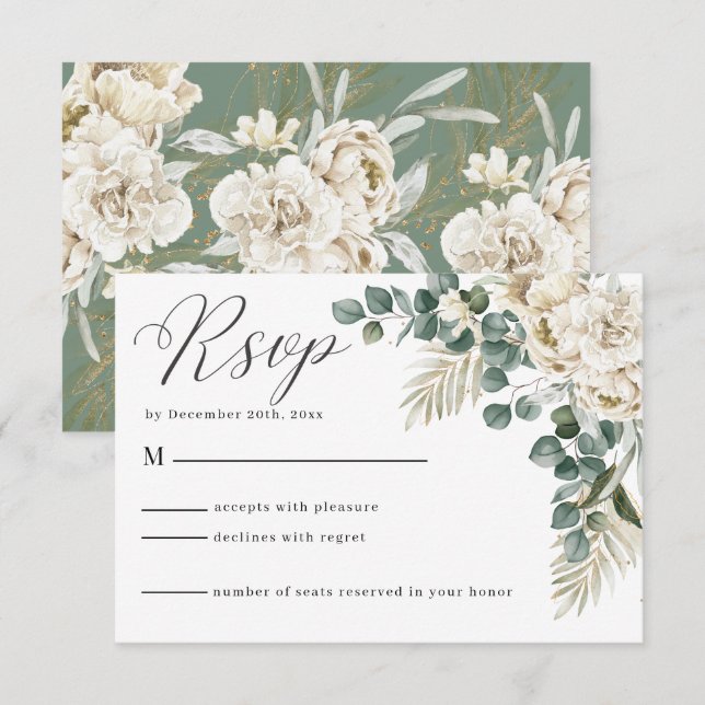 Minimalist Sage green floral Eucalyptus Wedding RSVP Card (Front/Back)