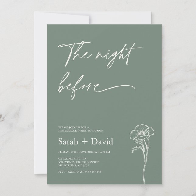 Minimalist Sage Green Floral Rehearsal Dinner  Invitation (Front)