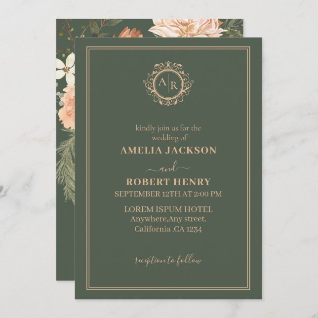 Minimalist sage green floral rustic  fall wedding invitation (Front/Back)