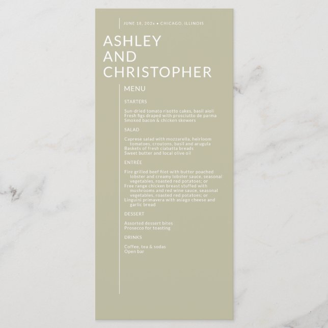 Minimalist Sage Green Isolated Names Wedding Menu (Front)