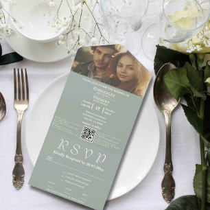 Minimalist Sage Green Ivory Photo QR Code Email All In One Invitation