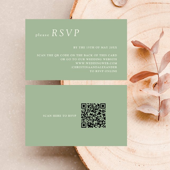 Minimalist Sage Green Ivory QR Code Wedding RSVP Enclosure Card (Creator Uploaded)