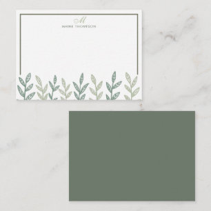 Minimalist Sage Green Leaves Script Monogram Card
