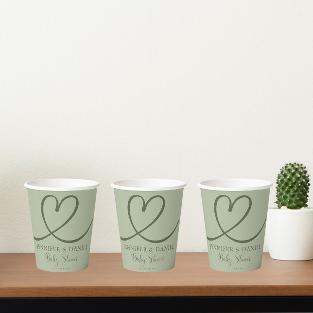 Minimalist Sage Green Minimalist Heart Personalise Paper Cups (Creator Uploaded)