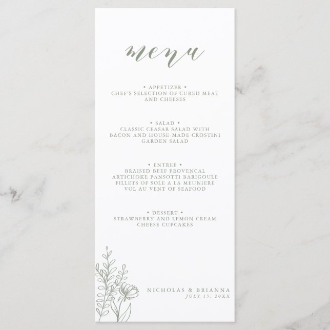 Minimalist Sage Green Modern Boho Wedding Monogram Menu (Front)